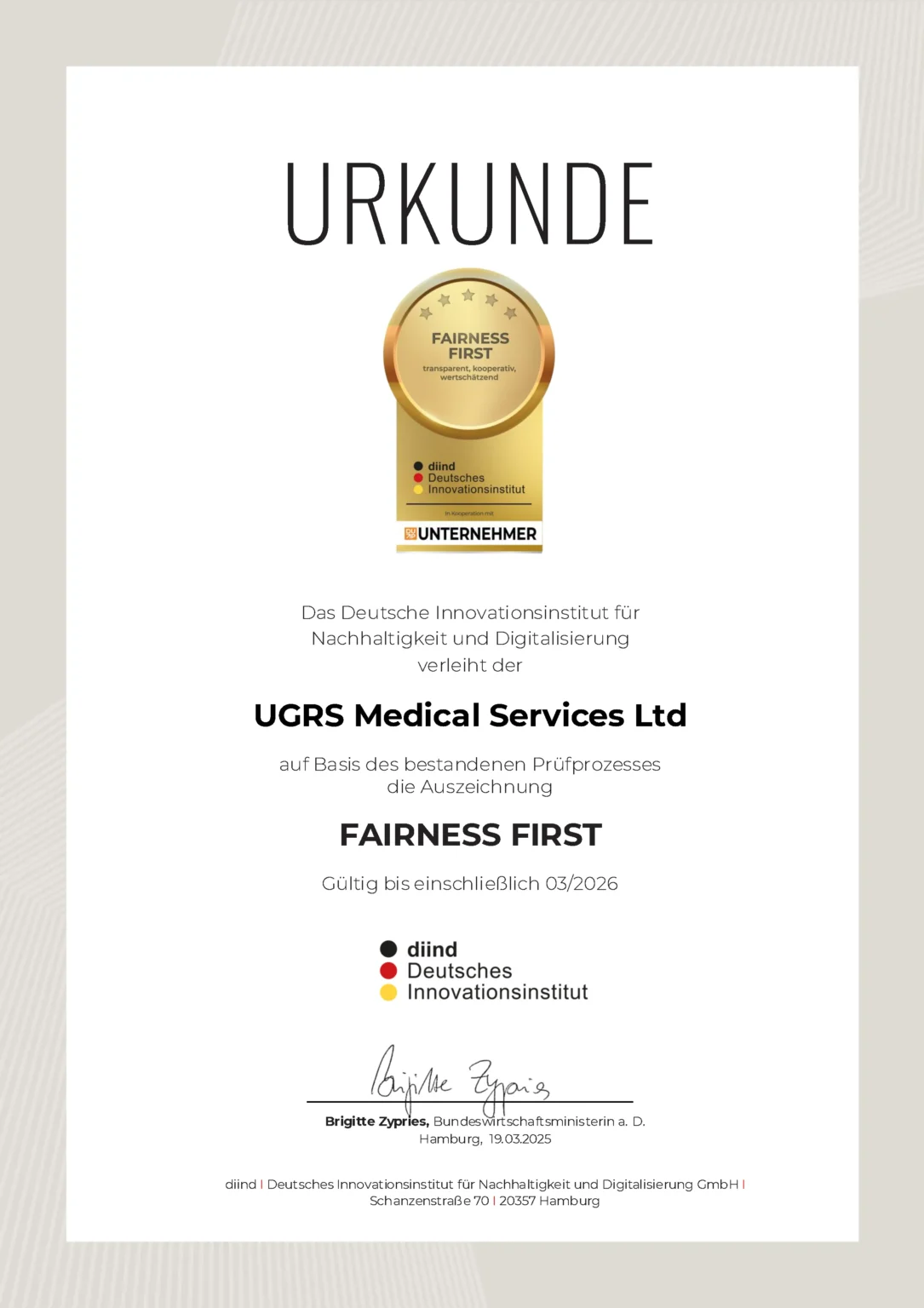 Fairness First Urkunde UGRS Medical Services Ltd